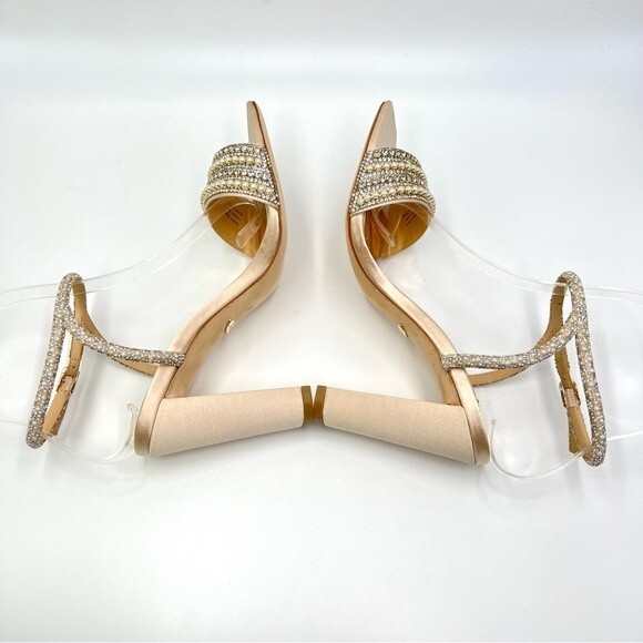 Badgley Mischka Size 5 Kari Soft Nude‎ Satin Jeweled Block Open Toe Heels Shoes - Picture 9 of 13